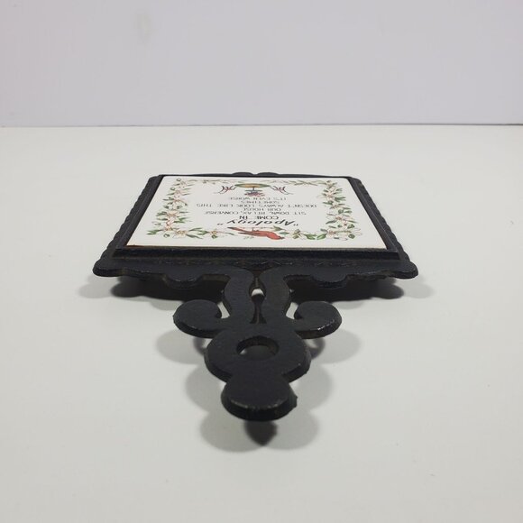 MCM Cast Metal Ceramic Tile Wall Plaque Trivet Vintage Apology Birds Flowers - Picture 10 of 14